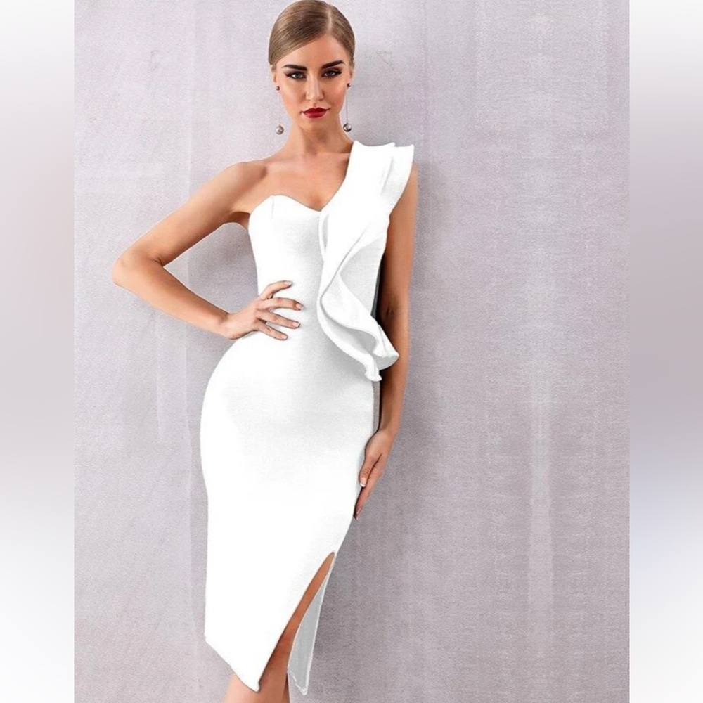 Shein one shoulder ruffle white midi split thigh bandage dress